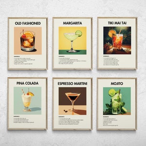 Set of 6 Cocktail Prints, Classic Cocktail Wall Art, Minimalist Alcohol Prints, Bar Cart Decor, Retro Cocktail Print, Bar Cart Wall Art