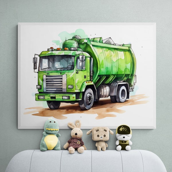 Garbage Truck Print, Garbage Truck Poster, Utility Vehicle Wall Art, Vehicle Prints, Boys Room Wall Art, Kids Room Decor, Watercolor Art