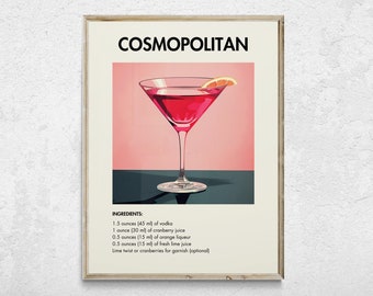 May include: A printable poster with a pink background and a martini glass filled with a pink cocktail. The poster has the text "COSMOPOLITAN" at the top and the ingredients for the cocktail listed below the image. The ingredients are: 1.5 ounces (45 ml) of vodka, 1 ounce (30 ml) of cranberry juice, 0.5 ounces (15 ml) of orange liqueur, 0.5 ounces (15 ml) of fresh lime juice, and lime twist or cranberries for garnish (optional).