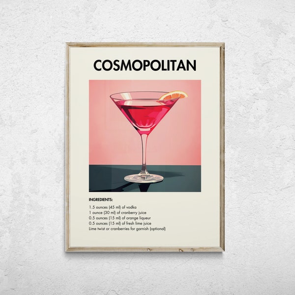 Impression de cocktail cosmopolite, art mural de cocktail classique, impression d’art de cocktail, impressions d’alcool minimalistes, décor de chariot de bar, art de bar imprimable