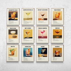 Set of 12, Classic Cocktail Wall Art, Minimalist Alcohol Prints, Classic Cocktail Prints, Bar Cart Art, Retro Wall Art, Minimalist Wall Art