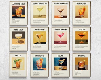 Classic Cocktail Recipe Prints, Retro Bar Cart Art (Set of 12) (Digital Download)