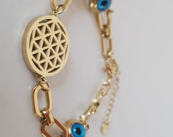 Evil eye Perle detaillierte Blume des Lebens Symbol Stahl Armband