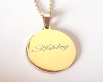 Damen Namenskette Stahl gold rund Plättchen