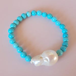 Baroque Pearl & 8mm Turquoise Stretch Bracelet | Natural Gemstone Bracelet | Handmade Jewelry | Boho Bracelet | Gift for Her
