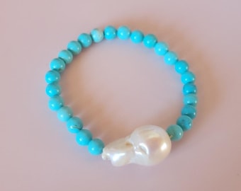 Barock Perle & Türkis Stretch Armband: Handgemachter Boho Edelstein Schmuck