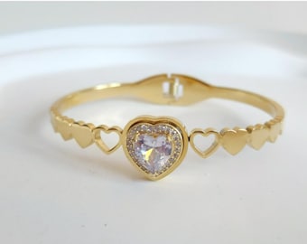 Gold Zirkon Herz Manschette Armband mit Grabovoi Zahlenreihen - Schmuck für Liebe, Reichtum & Wunderenergie