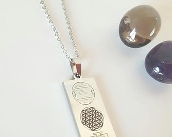 Flower of Life, Sri Yantra, Seal of Solomon and Number Sequence Steel Necklace
