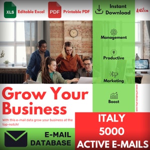 May include: A red and green graphic with the text "Grow Your Business" and "ITALY 5000 ACTIVE E-MAILS". The graphic also includes a group of people working on a laptop, and icons representing management, productivity, marketing, and boost.