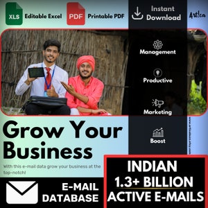 Op de afbeelding: Een kleurrijke grafiek met de tekst "Grow Your Business" en "Indian 1.3+ Billion Active E-mails" in zwarte tekst op een rode achtergrond. De grafiek bevat ook pictogrammen die management, productiviteit, marketing en een boost voorstellen. De grafiek toont twee mannen die voor een geweven muur zitten.