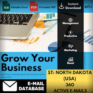 Może przedstawiać: Grafika w kolorze niebieskim i żółtym z tekstem "Grow Your Business" i "ST: NORTH DAKOTA (USA) 360 ACTIVE E-MAILS". Grafika zawiera również ikony zarządzania, produktywności, marketingu i zwiększenia. Grafika jest umieszczona na tle laptopa, ołówka i arkusza kalkulacyjnego.