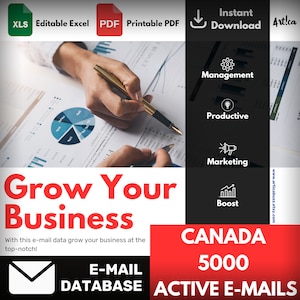 May include: A red, white, and black graphic with the text "Grow Your Business" and "CANADA 5000 ACTIVE E-MAILS". The graphic also includes a hand holding a pen over a chart, and icons representing management, productivity, marketing, and boost.
