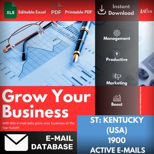 Może przedstawiać: Grafika w kolorze czerwonym i białym z tekstem "Grow Your Business" i "With this e-mail data grow your business at the top-notch!" Grafika zawiera również wykres, długopis, okulary i kalkulator. Tekst "ST: KENTUCKY (USA) 1900 ACTIVE E-MAILS" jest również zawarty.