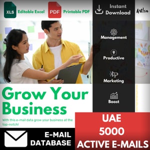 May include: A green and white graphic with the text "Grow Your Business" and "UAE 5000 ACTIVE E-MAILS". The graphic also includes icons for management, productivity, marketing, and boost.