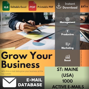 Może przedstawiać: Grafika w kolorze żółtym i pomarańczowym z tekstem "Grow Your Business" i "With this e-mail data grow your business at the top-notch!"  Grafika zawiera również ikonę białej koperty i tekst "E-MAIL DATABASE".  Grafika jest umieszczona na tle osoby pracującej nad arkuszem kalkulacyjnym za pomocą długopisu.