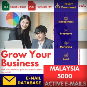 May include: A colorful infographic with the text "Grow Your Business" in red and white. The infographic features a pie chart, a laptop, two people, and icons representing management, productivity, marketing, and boost. The text "MALAYSIA 5000 ACTIVE E-MAILS" is in red and white.