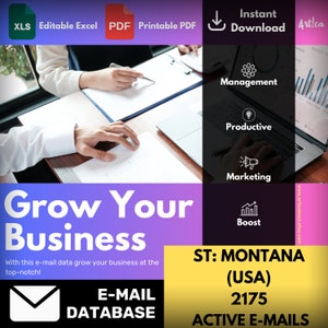 May include: A purple and blue graphic with the text "Grow Your Business" and "With this e-mail data grow your business at the top-notch!"  A yellow box with the text "ST: MONTANA (USA) 2175 ACTIVE E-MAILS" and an envelope icon.  The graphic also includes icons for management, productivity, marketing, and a boost chart.