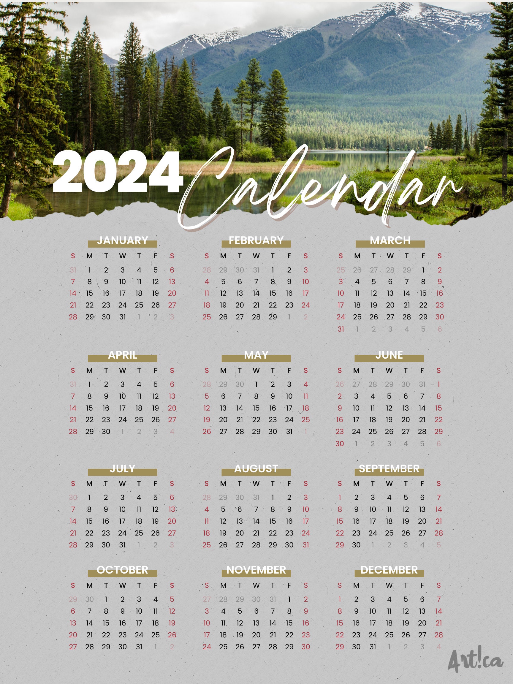 2024 Calendar Printable, Desk and Wall Calendar, Instant Download