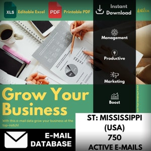 ST Mississippi USA email database, Marketing Excel Template, Bulk emails, Easy to use, Digital database, All active emails, Secured Access