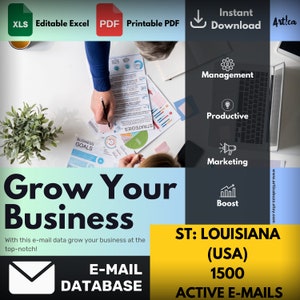 Może przedstawiać: Grafika z tekstem "Grow Your Business" i obrazem dwóch osób pracujących przy stole z wykresami i diagramami. Tekst "With this e-mail data grow your business at the top-notch!" znajduje się pod grafiką. Tekst "E-MAIL DATABASE" znajduje się pod nim. Tekst "ST: LOUISIANA (USA) 1500 ACTIVE E-MAILS" znajduje się po prawej stronie grafiki. Grafika zawiera również ikony dla zarządzania, produktywności, marketingu i zwiększenia.