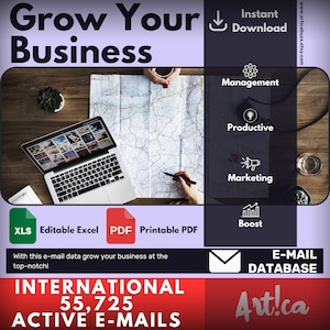 May include: A digital marketing infographic with a laptop and map on a wooden table. The infographic shows how to grow your business with email marketing. The text "Grow Your Business" is at the top of the image. The text "International 55,725 Active E-mails" is at the bottom of the image.