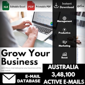 Peut inclure: Un ordinateur portable avec un graphique à l'écran, les mains d'une personne tapant sur le clavier et le texte "Grow Your Business" en gros caractères gras. Le texte "AUSTRALIA 3,48,100 ACTIVE E-MAILS" est également visible.