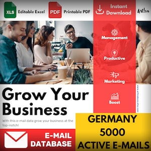 May include: A colorful graphic with the text "Grow Your Business" and "GERMANY 5000 ACTIVE E-MAILS". The graphic also includes icons for management, productivity, marketing, and a boost. The graphic is designed to promote a business email database.
