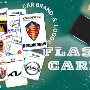Auto's merk flashcards, auto's logo flashcards, auto-logo's kaarten, autobedrijven flashcards, PDF afdrukbare flashcards, bewerkbare flashcards