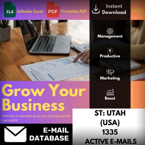 May include: A colorful graphic with the text "Grow Your Business" and a laptop computer on a wooden table. The graphic also includes icons for management, productivity, marketing, and boost. The text "ST: UTAH (USA) 1335 ACTIVE E-MAILS" is also included.