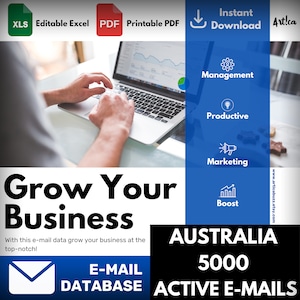 May include: A blue and white graphic with the text "Grow Your Business" and "Australia 5000 Active E-mails". The graphic also includes icons for management, productivity, marketing, and boost. The graphic is designed to promote a business email database.