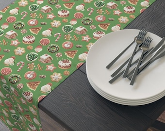 Green Christmas Table Runner: Holiday Foods Cotton Twill