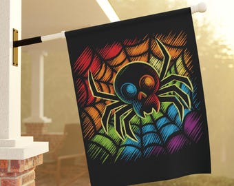 Bandiera di Halloween con teschio di ragno arcobaleno: striscione di benvenuto autunnale colorato (24,5"x32")