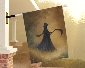 Striscione di benvenuto di Halloween con la falce: bandiera da giardino e da casa con la morte