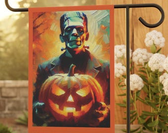 Bandiera da giardino di Halloween con Frankenstein e Jack-o'-Lantern: striscione di benvenuto spettrale