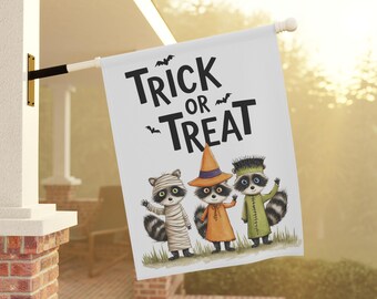 Bandiera di benvenuto a forma di procione per Halloween: decorazione da giardino "Dolcetto o scherzetto"