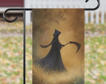 Bandiera da giardino con falce e mietitore di Halloween: striscione di benvenuto bifacciale