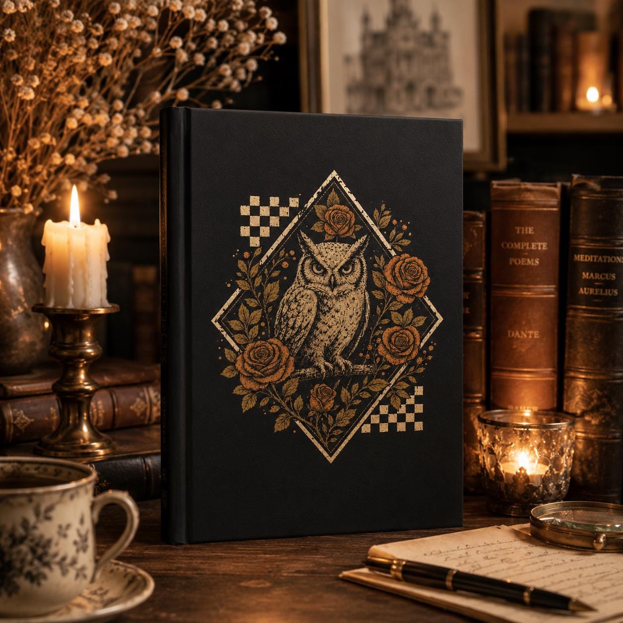 Owl and Roses Journal Hardcover Journal | Matte black sketch notebook