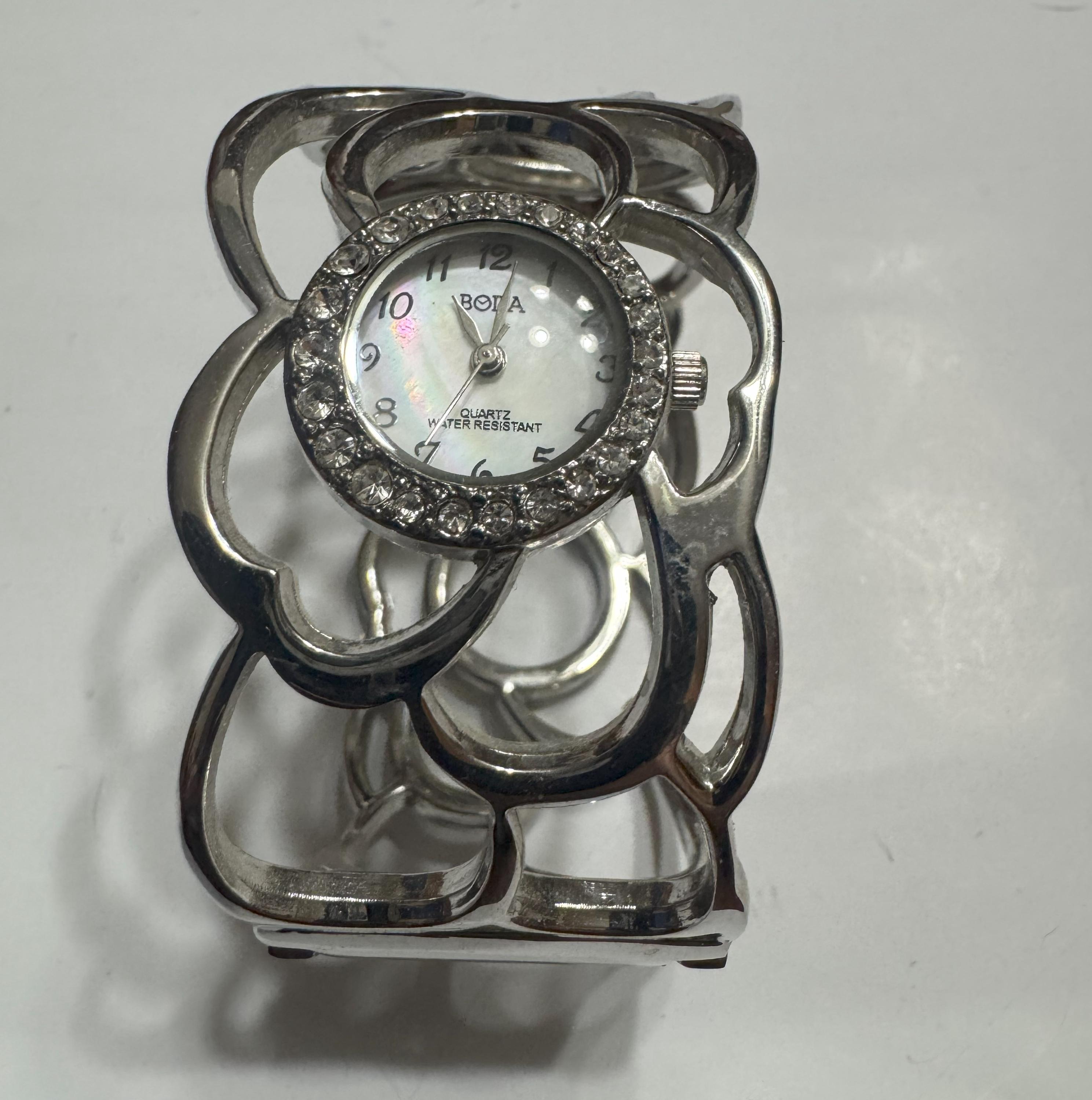 Vintage Silver Tone BORA Bracelet Watch With Crystals, Opens  display picture 3