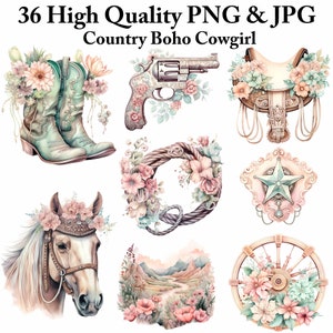 36 Pacote de clipart country Boho Cowgirl: coleção PNG aquarela floral ocidental para sublimação e artesanato