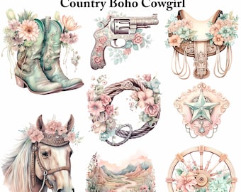 36 Country Boho Cowgirl Clipart Bundle: Watercolor Floral Western PNG Collection for Sublimation & Crafts