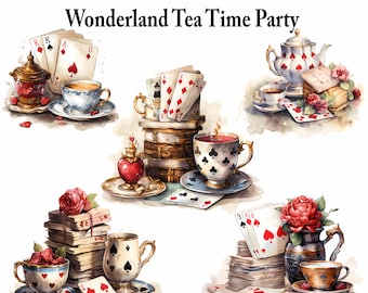 Watercolor Alice in Wonderland Clipart: Tea Party PNG Bundle (Digital Download)