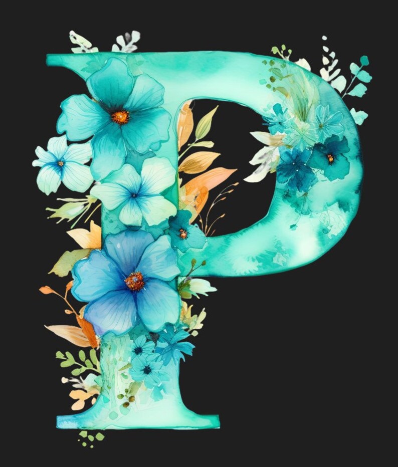 Aqua Floral Alphabet Clipart: Watercolor Spring Letters (commercial Use ...