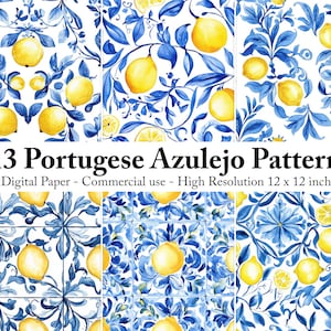 Blaue portugiesische Azulejo Aquarellfliese und Zitronen, Digitales Scrapbook-Papier und Clip Art, mediterrane Keramikfliesen, nahtloses Zitronenpapier