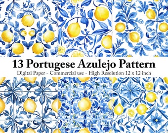 Blue Azulejo Lemon Tile Digital Paper: Mediterranean Watercolor (Digital Download)