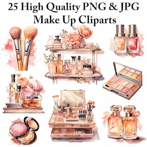 Pacchetto di clipart di bellezza - 25 clipart di cosmetici e trucco ad acquerello, file PNG e JPG Clip art di moda