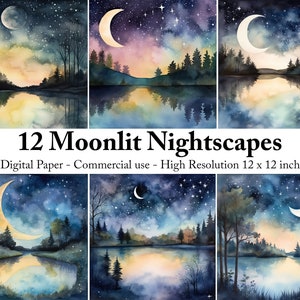 Papéis digitais Starry Night & Forest para artesanato e sublimação, fundo de paisagem florestal, download de Junk Journal, scrapbooking