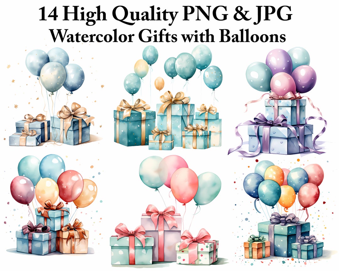Watercolor Party Clipart PNG Bundle, Presend and Balloons Clipart ...