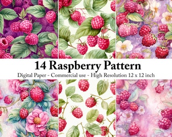 Papier numérique à motif framboise : 14 motifs de fruits (usage commercial)