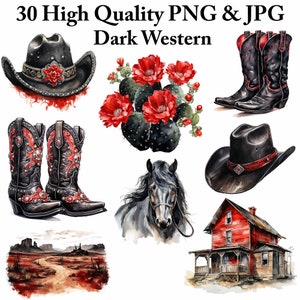 30 Dark Western Aquarell Clipart - PNG und JPG Digital Gothic Western Cowgirl Clipart Bundle Cowboy Clipart Boot Clipart Hochzeit Sublimation