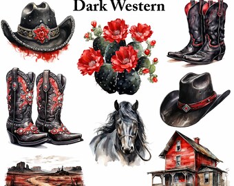 Dark Western Watercolor Clipart Bundle: Gothic Cowboy, Cowgirl (PNG & JPG)